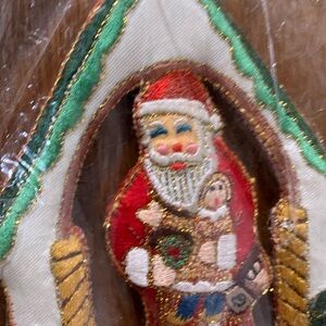 santa in house satin ornament embroidered vintage 5”